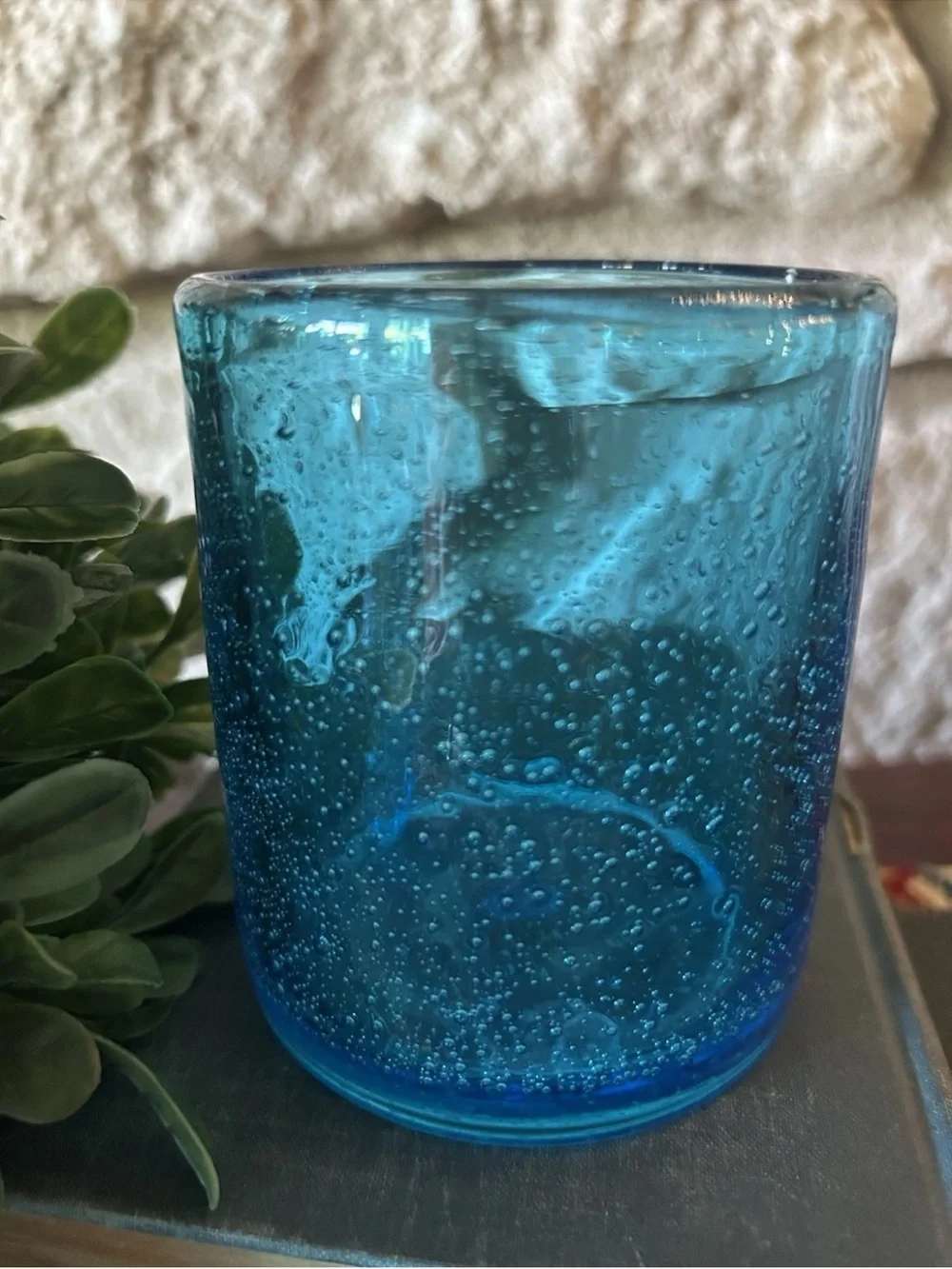 4 ARTLAND Iris Turquoise Double Old-Fashioned Glasses Seeded Bubbles Handcrafted